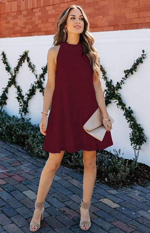 Solid Color Sleeveless Cotton Blend Dress – Loose Fit & Round Neck