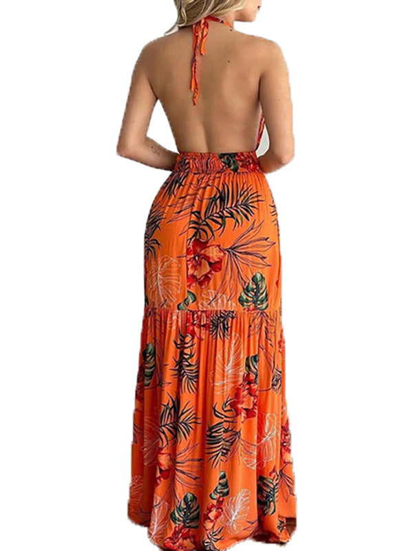 Floral Halterneck V-Neck Open-Back Maxi Dress – Flowy Summer Boho Style