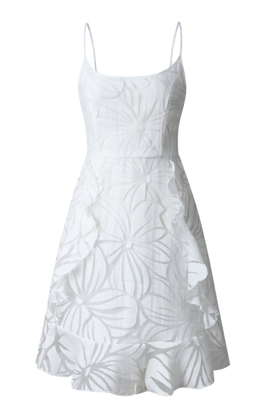Raw White Ruffle Midi Dress - U-neck & Sleeveless Sling Style