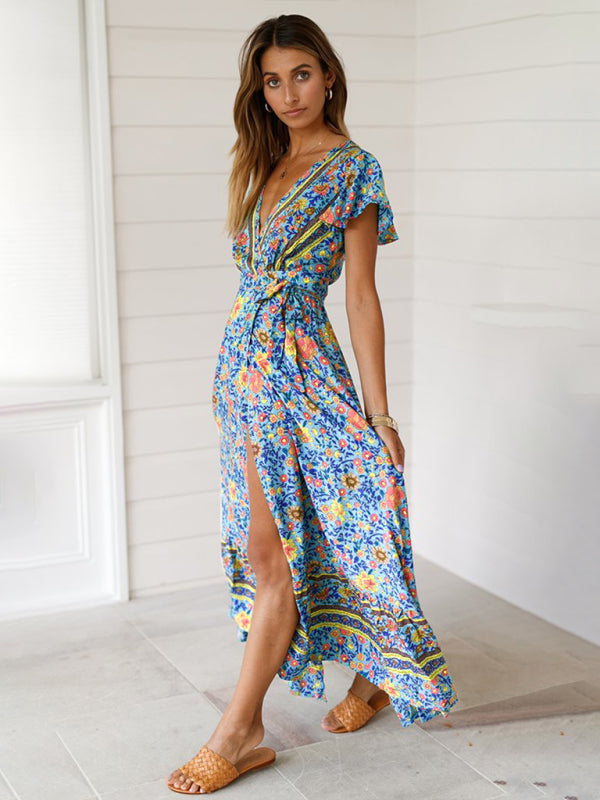 Floral Deep V-Neck Maxi Dress with Slit – Bohemian Vacation Style