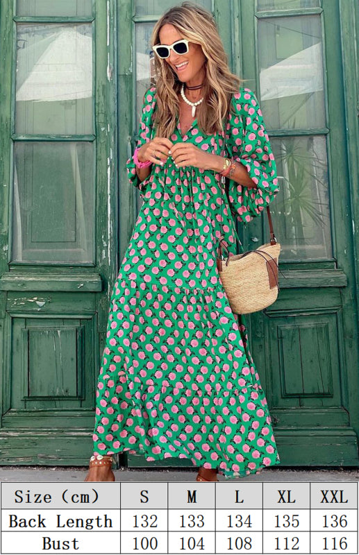 Boho Floral Puff Sleeve Maxi Dress – V-Neck A-Line for Spring & Summer