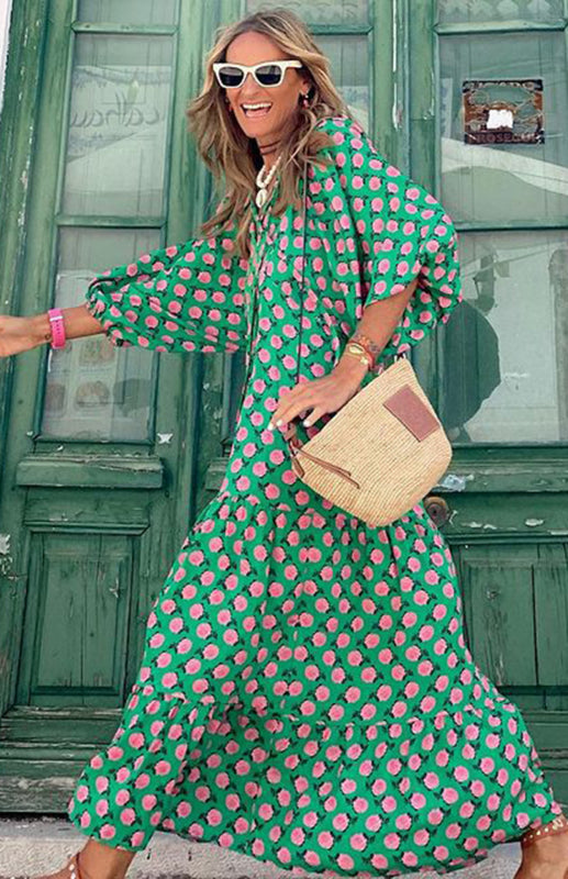 Boho Floral Puff Sleeve Maxi Dress – V-Neck A-Line for Spring & Summer