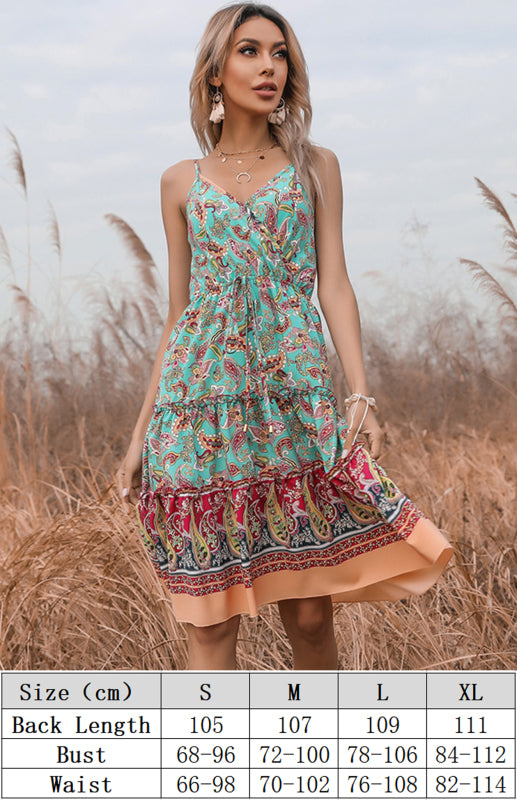Boho Floral Slip Dress – Sleeveless, V-Neck, Lightweight, Mid-Calf