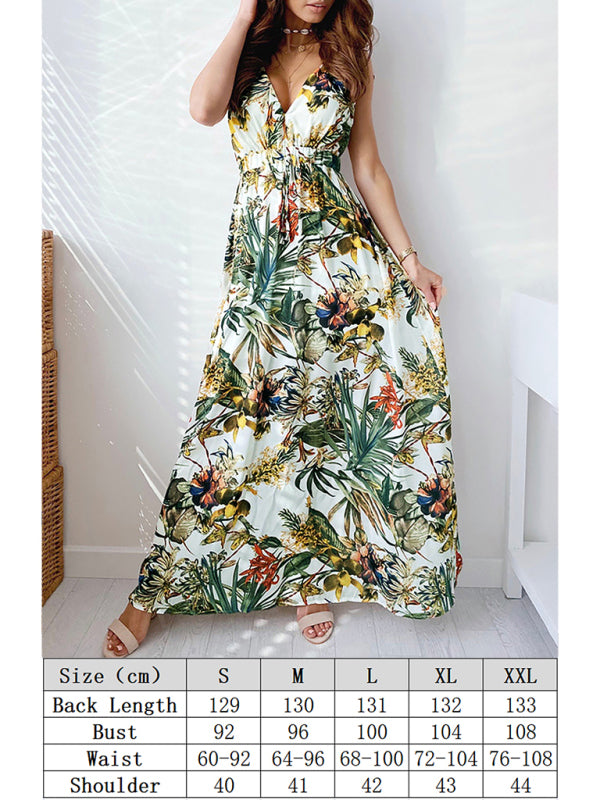 Floral Sleeveless Maxi Dress – Deep V-Neck & Lace-Up Waist, Cotton Blend