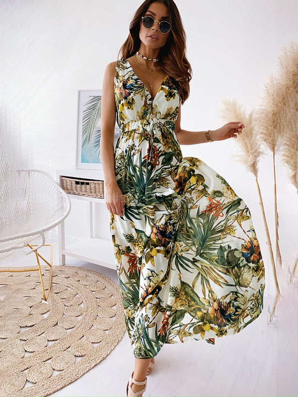 Floral Sleeveless Maxi Dress – Deep V-Neck & Lace-Up Waist, Cotton Blend