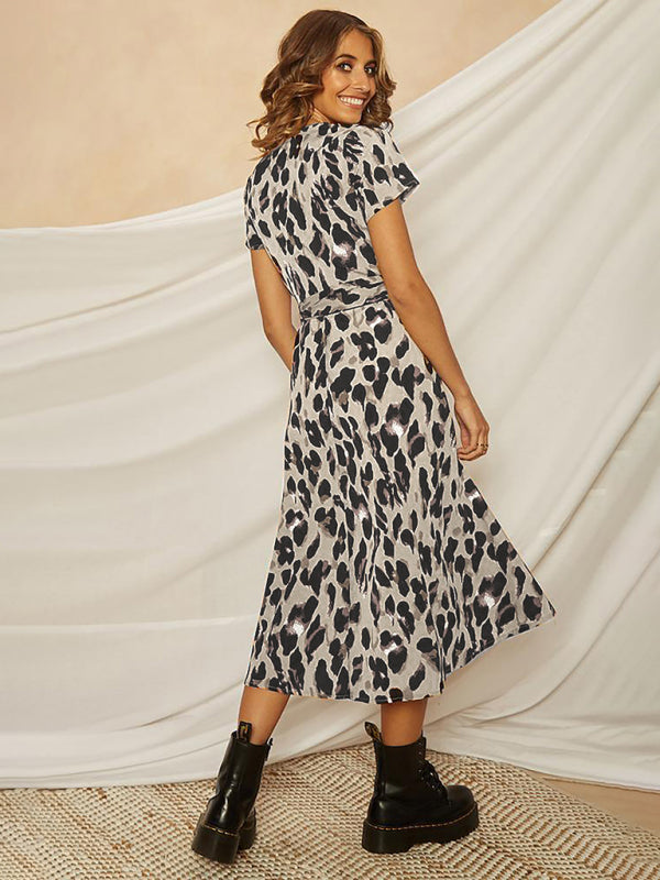 Women's Leopard Print Deep V Dress – Lace-Up Back, Cotton Blend, Short Sleeves