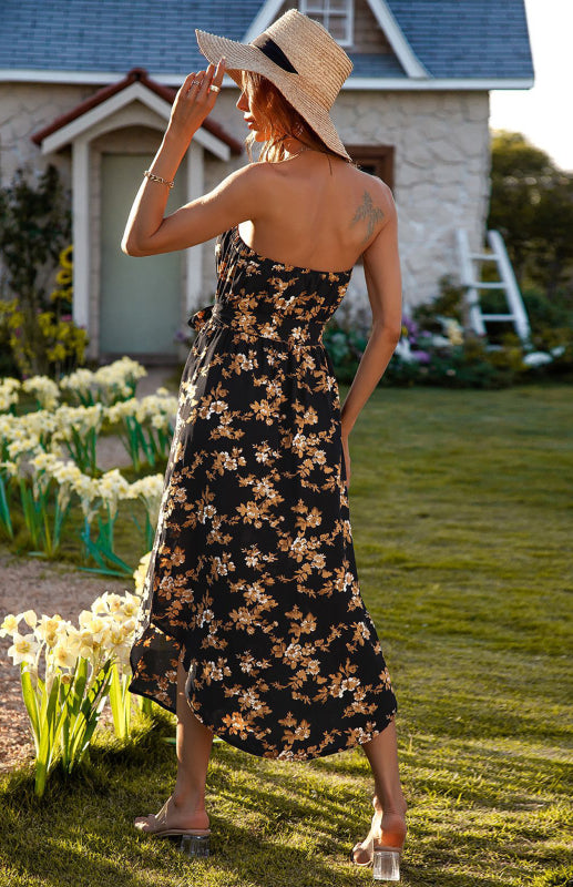 Floral Wrap Chest Chiffon Dress – Sleeveless Off-Shoulder Summer Style