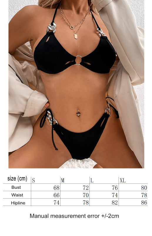 Solid Black Sling Bikini Set – Mid-Waist Fit with Trendy Chain Detail