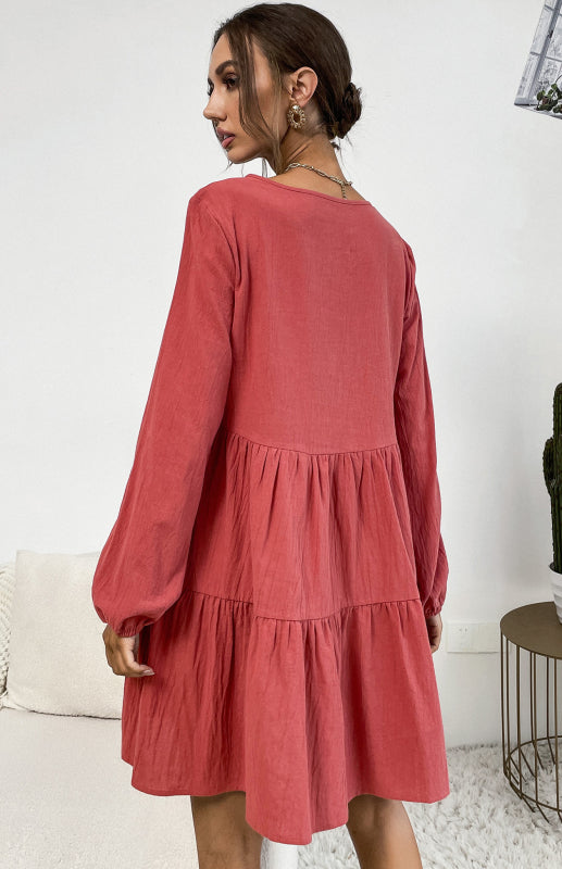 Women's Pleated Solid Color Round Neck Long Sleeve Cotton Linen Loose Dress