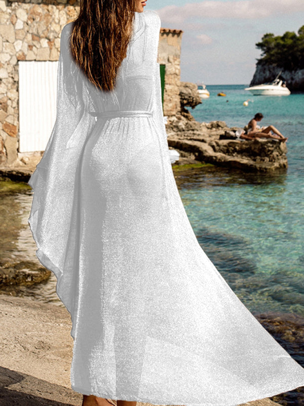 Sheer Scale Mesh Beach Cover-Up – Long Sleeve Cardigan Swimsuit Top