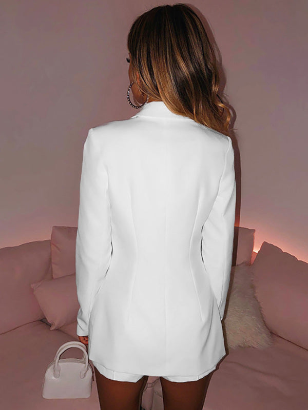 Women's Long Sleeve Lapel Blazer & Shorts Set – Cotton Blend, Elegant Tailoring