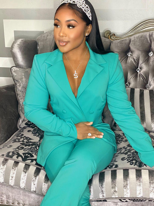 Elegant Double-Breasted Flared Pantsuit – Long Sleeve Women's Two-Piece Set