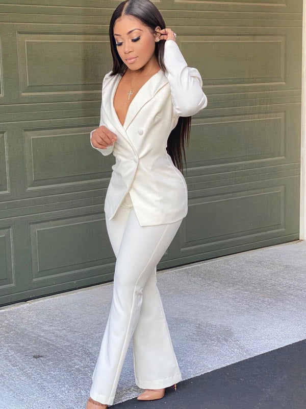 Elegant Double-Breasted Flared Pantsuit – Long Sleeve Women's Two-Piece Set
