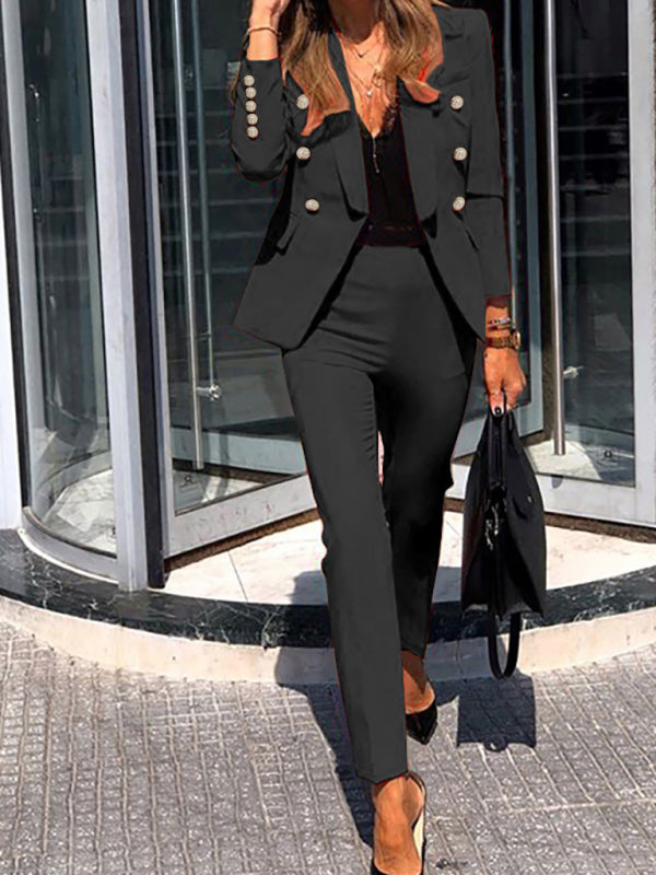 Elegant Black Two-Piece Lapel Suit – Autumn-Winter Long Sleeve Shirt & Pants Set