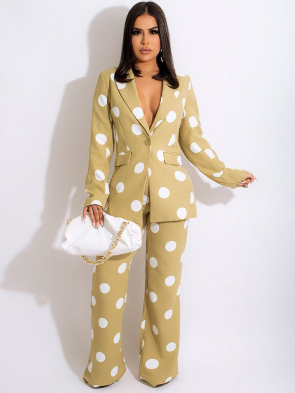 Polka Dot Blazer & Pants Suit Set – Tailored Two-Piece with Lapel Collar