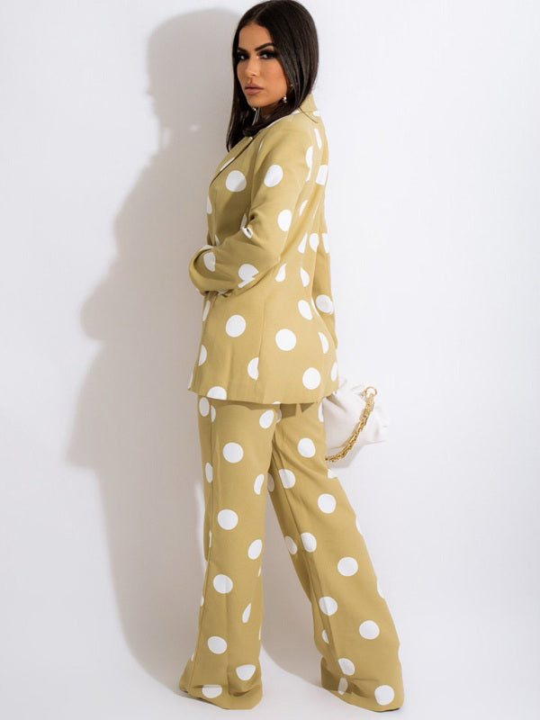 Polka Dot Blazer & Pants Suit Set – Tailored Two-Piece with Lapel Collar