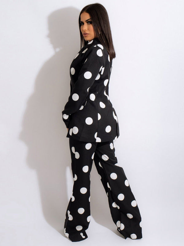 Polka Dot Blazer & Pants Suit Set – Tailored Two-Piece with Lapel Collar