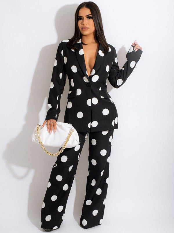 Polka Dot Blazer & Pants Suit Set – Tailored Two-Piece with Lapel Collar