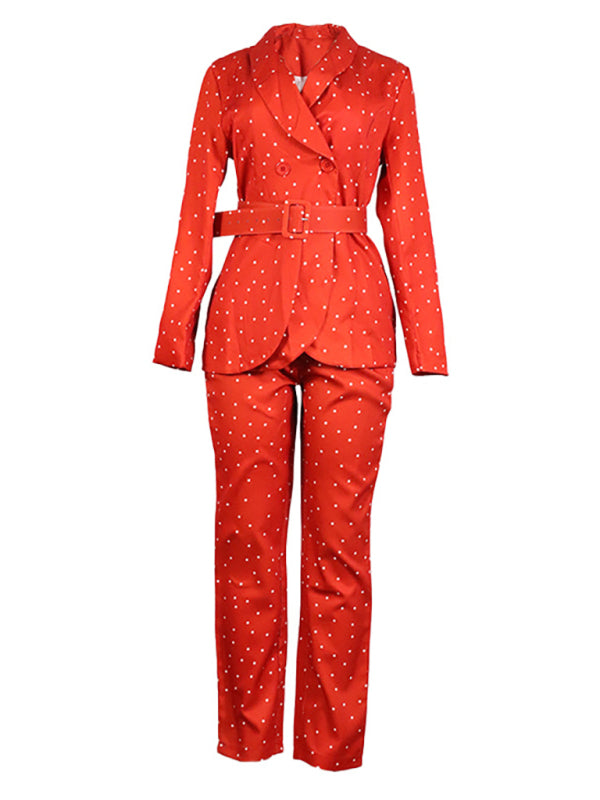 Studded Lapel Knit Two-Piece Sweater Suit – Polka Dot Blazer & Pants Set