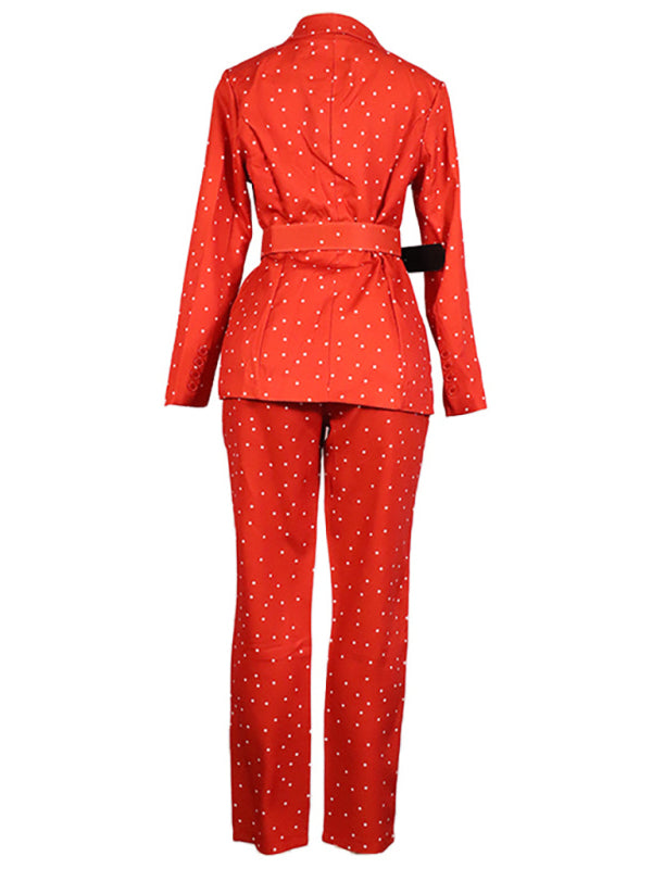 Studded Lapel Knit Two-Piece Sweater Suit – Polka Dot Blazer & Pants Set