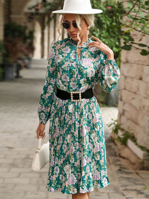 Pleated Crew Neck Vintage Dress – Long Sleeve Floral Print, Elegant Fit