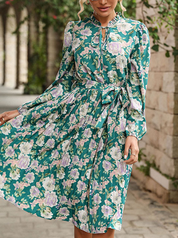 Pleated Crew Neck Vintage Dress – Long Sleeve Floral Print, Elegant Fit