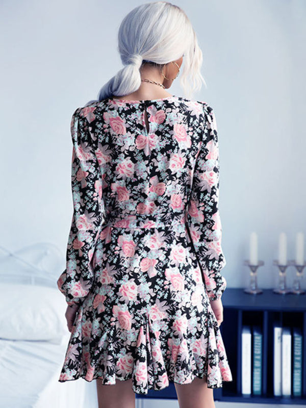 Black Long Sleeve Woven Mini Dress – Casual Fit with Random Print