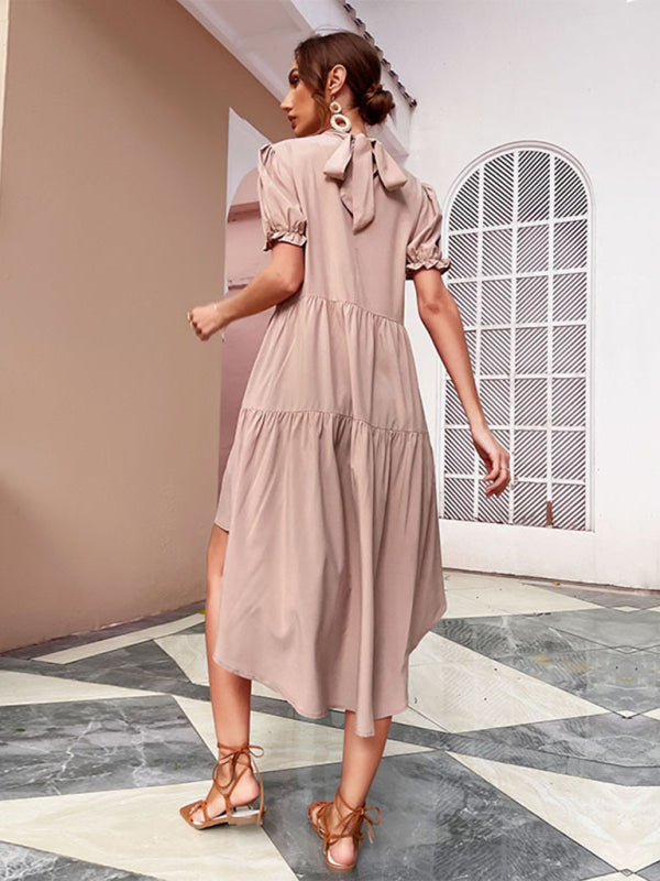 High Waist Irregular Pleated Midi Dress – Solid Color, Short Sleeve, Spring-Summer Style