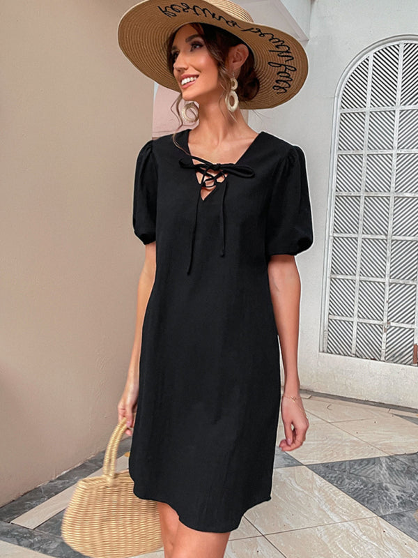 Black Relaxed-Fit Midi Dress – Short Sleeve, Lightweight Polyester, Spring-Summer