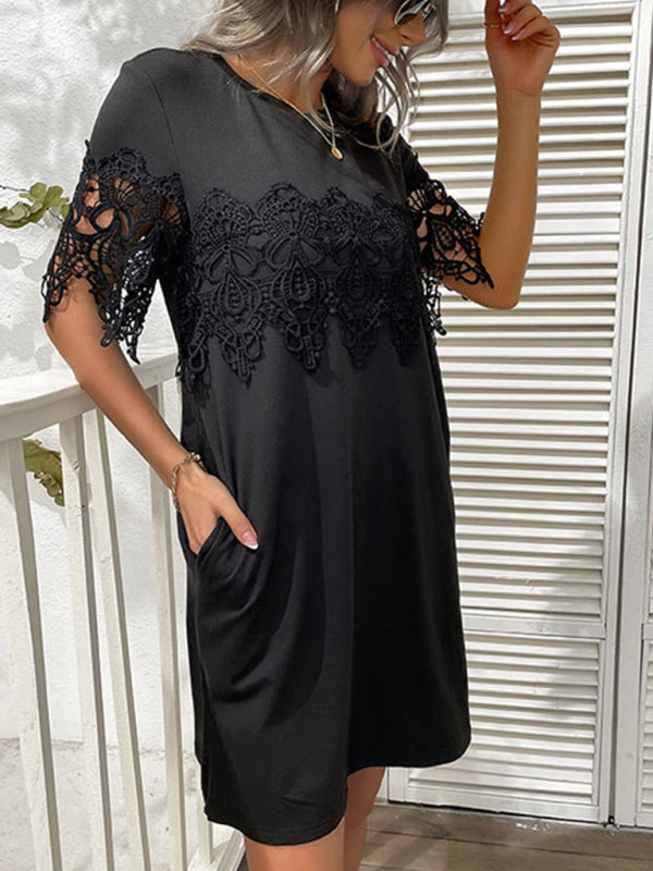 Black T-Shirt Dress with Lace Stitching – Half Sleeve Casual Fit