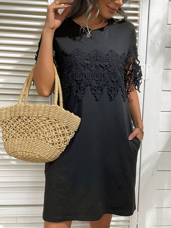 Black T-Shirt Dress with Lace Stitching – Half Sleeve Casual Fit