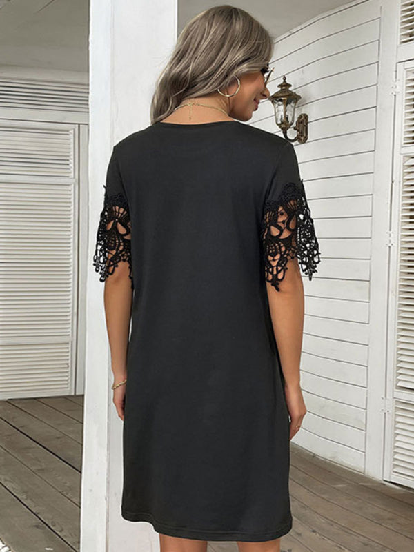 Black T-Shirt Dress with Lace Stitching – Half Sleeve Casual Fit