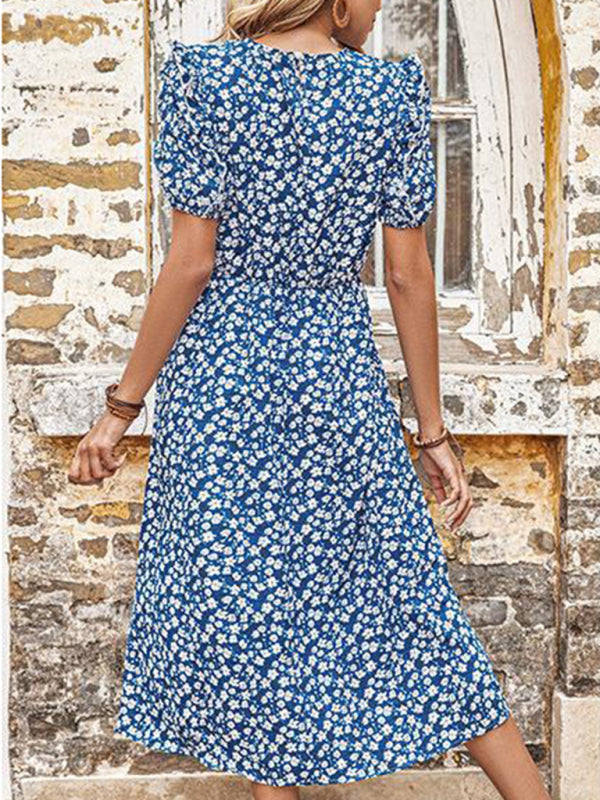 Floral Split Midi Dress – Short Sleeve Casual Fit in Blue