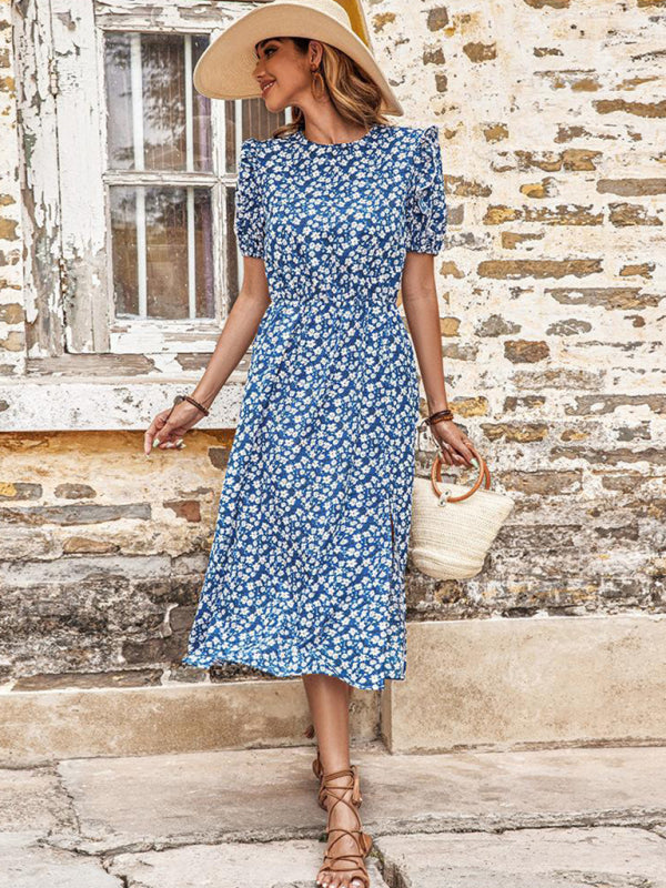 Floral Split Midi Dress – Short Sleeve Casual Fit in Blue