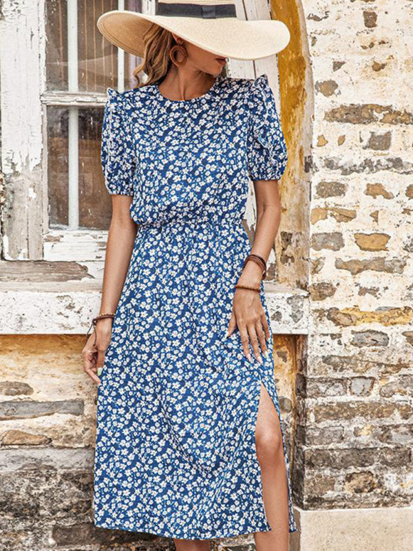 Floral Split Midi Dress – Short Sleeve Casual Fit in Blue