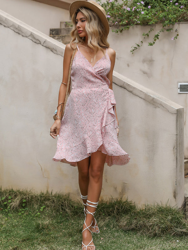 Floral Ruffle A-Line Slip Dress – Pink Sleeveless Midi for Summer