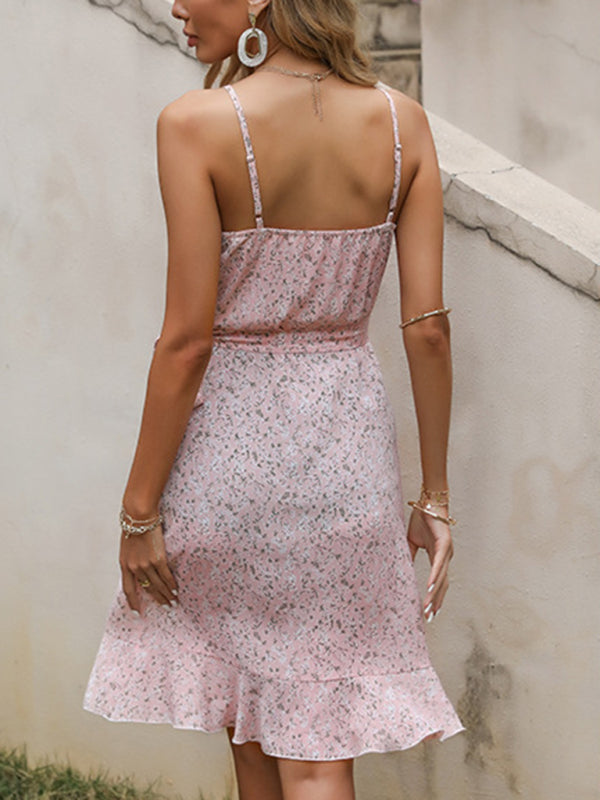 Floral Ruffle A-Line Slip Dress – Pink Sleeveless Midi for Summer