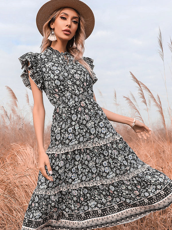 Retro Floral V-Neck Fringed Dress – Short Sleeve, Lightweight & Vintage Style