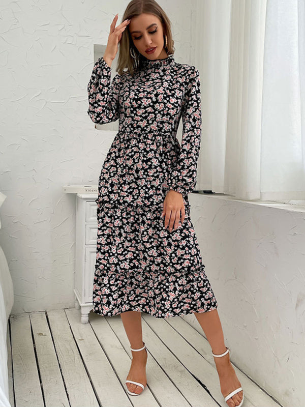 Mid-Length Turtleneck Pleated Dress – Random Print & Long Sleeves