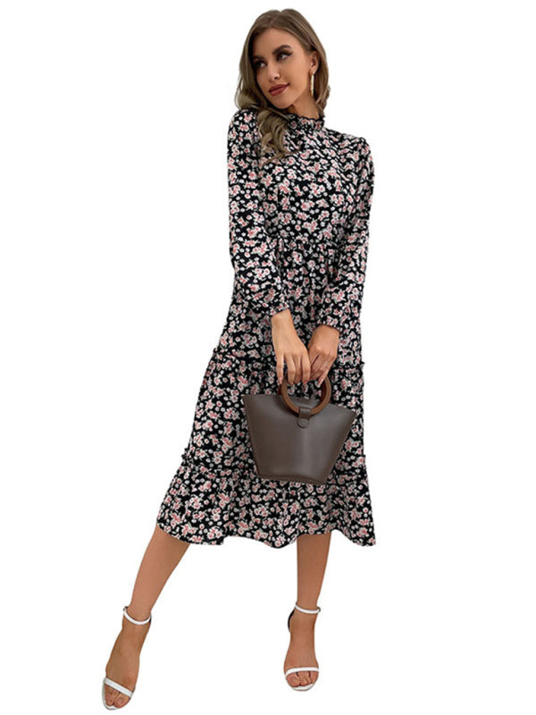 Mid-Length Turtleneck Pleated Dress – Random Print & Long Sleeves