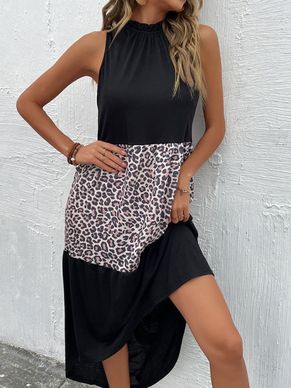 Slim Fit Halter Sleeveless Dress with Leopard Panel – Lightweight Polyester