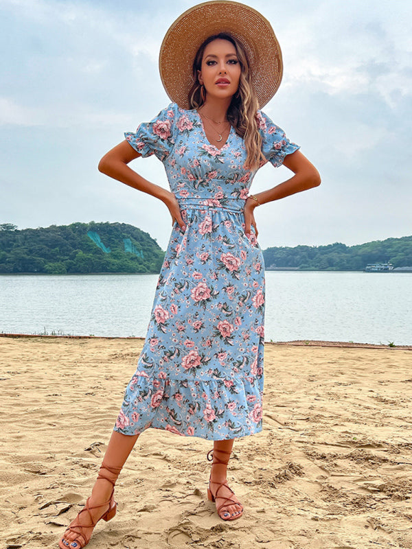 Retro Print V-Neck Maxi Dress – Lightweight Summer Beach Style