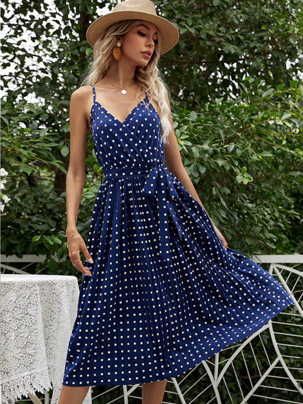 Polka Dot Mid-Length Slip Dress – Lace-Up Pleated Design, Sleeveless