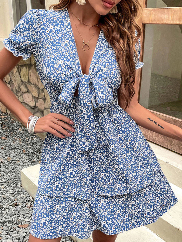 Blue Bow Knot Short-Sleeve Dress – Elegant Summer Style