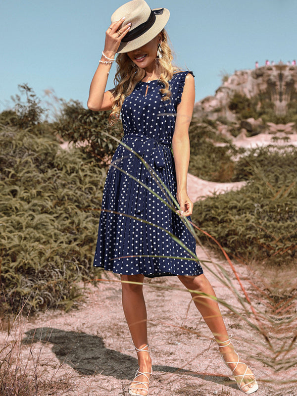 Polka Dot Sleeveless A-line Dress - Lightweight Pleated Skirt, Summer Casual
