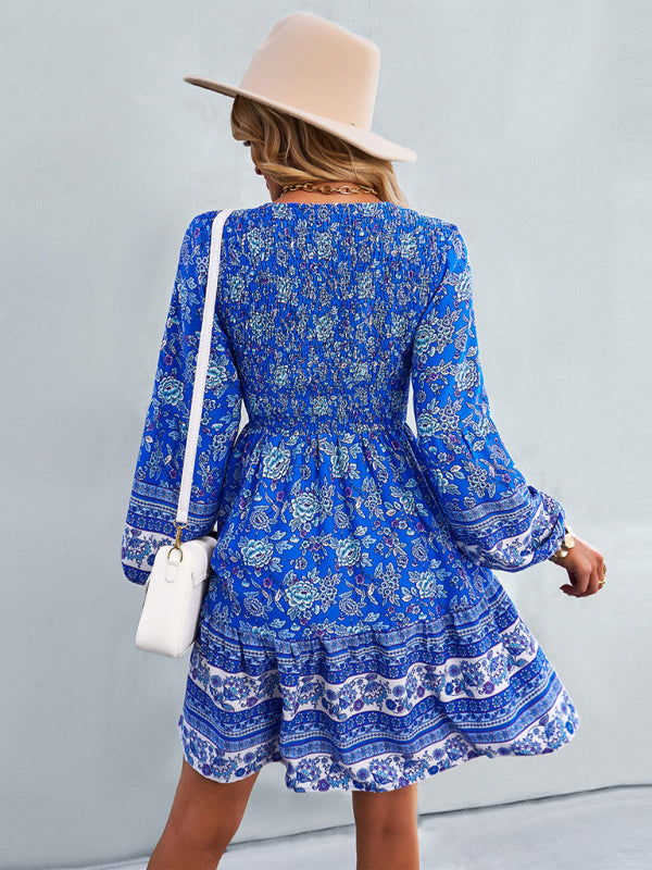 Bohemian Long Sleeve Casual Dress – Woven Polyester, Relaxed Fit