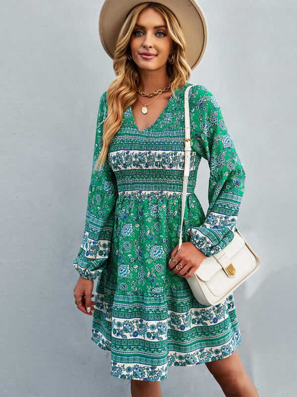 Bohemian Long Sleeve Casual Dress – Woven Polyester, Relaxed Fit