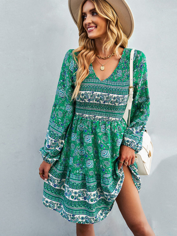 Bohemian Long Sleeve Casual Dress – Woven Polyester, Relaxed Fit