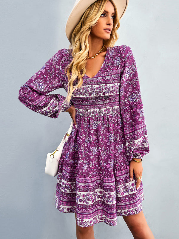 Bohemian Long Sleeve Casual Dress – Woven Polyester, Relaxed Fit