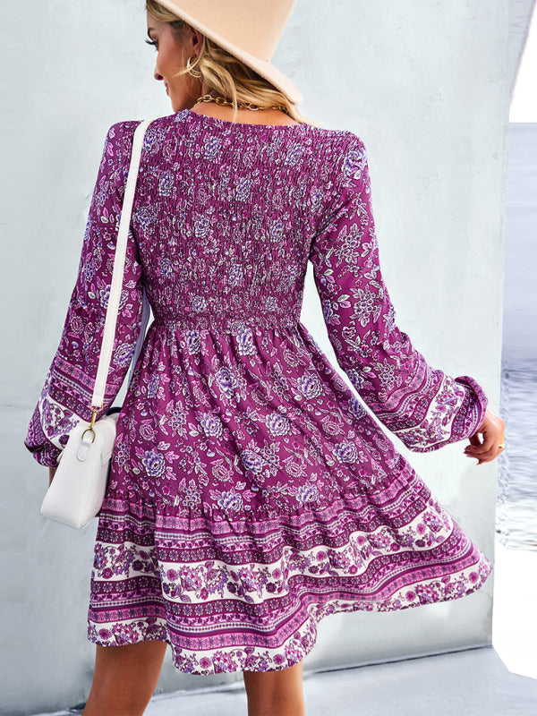 Bohemian Long Sleeve Casual Dress – Woven Polyester, Relaxed Fit